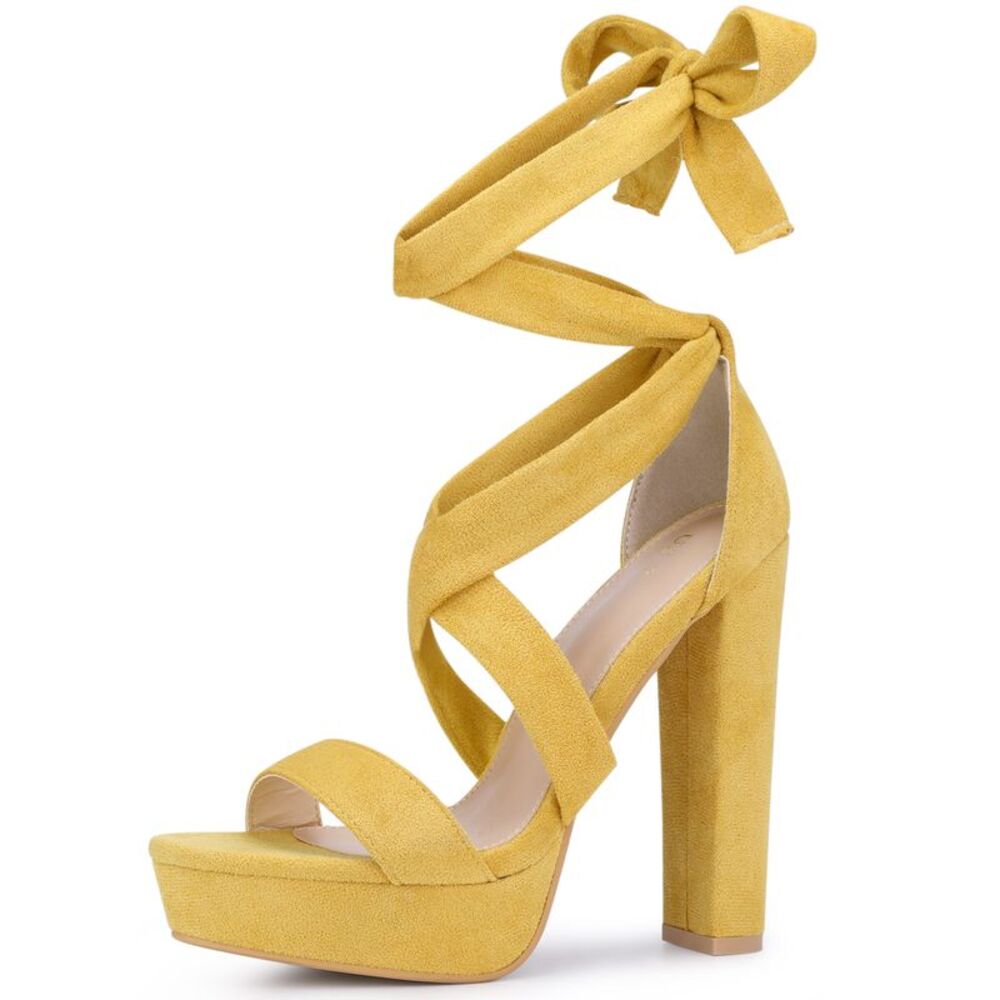 Lace Up Platform Block Heel Sandals Yellow